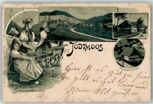 Todtmoos Schwarzwald Tracht Frau Hut Bommel Gasthaus zum Maien Bauernhaus Lithographie