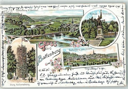 Battenberg 1901 Kriegerdenkmal Burg Kellersberg Fahne Schwarz-Weiß-Rot Brücke Kirche Gruss Blumen Lithographie