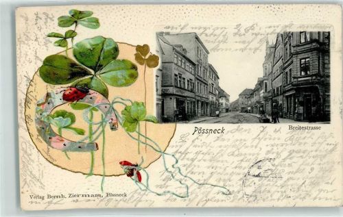 Pößneck 1904 Breitestraße Geschäfte Kleeblatt Hufeisen Marienkäfer Glück
