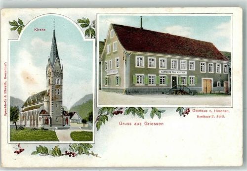 79771 W7895 Grießen , Baden 1908 - Kirche Gasthaus Zum Hirschen J. Stoll