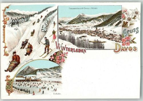 Davos Dorf Schlitten Skifahrer Eisbahn Winterleben Beschnitten Winterlitho Gebrauchsspuren