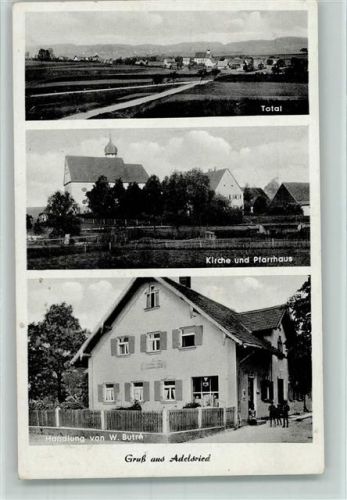 86477 W8901 Adelsried b Augsburg 1950 - Warenhandlung v. Butra, Kirche u. Pfarrhaus AK