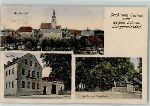 08451 O9621 Langenreinsdorf - Gasthaus zum weißen Schwan Garten Kegelbahn Kirche Gruss