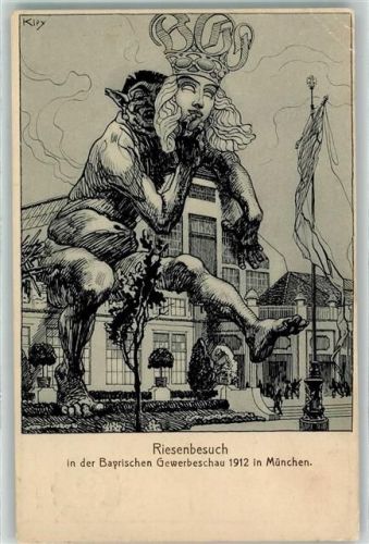 W8000 München Riesenbesuch in der Bayrischen Gewerbeschau 1912 Maske sign Kley Privatganzsache Künstlerkarte