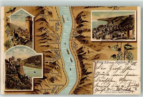 Bacharach 1902 Vogelschau Rheinverlauf Rheinstein Ruine Ehrenfels Bacharach Wernerkapelle