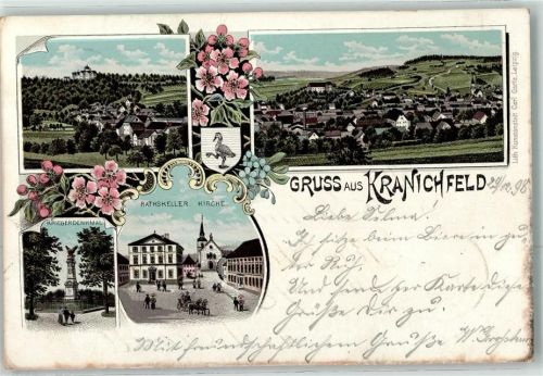 Kranichfeld 1898 Gasthaus Ratskeller Kriegerdenkmal Bahnpost Weimar-Kranichfeld Zg.23 seltene Litho