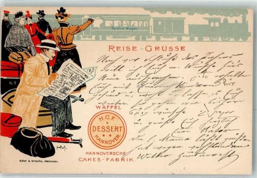 Hannover 1899 HCF Hannoversche Cakes Fabrik Eisenbahn Speisewagen Zeitung Bahnhof sign HM