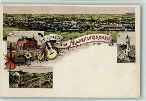 08258 O9659 Markneukirchen Lithographie Gruss aus - Postamt, Bahnhof, sehr gute Erhaltung AK