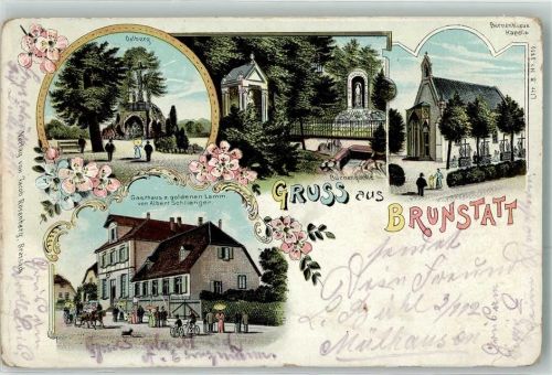 Brunstatt 1913 Oelberg Burnekreuz kapelle Gasthaus z. goldene Lamm Burnequelle Lithographie