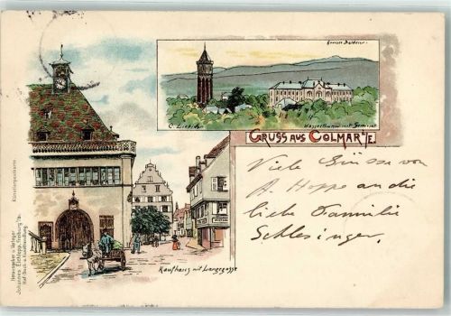 Colmar 1897 Wasserturm mit Seminar Kaufhaus mit Langegasse sign. C. Liebich