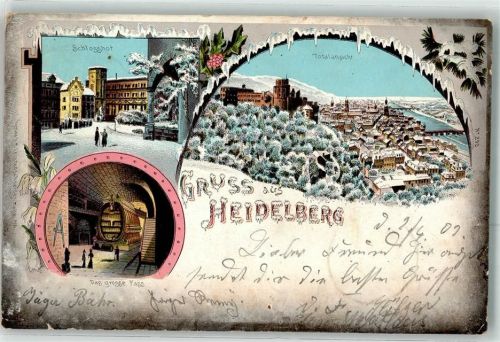 Heidelberg 1902 Schloss Schlosshof Großes Fass Bahnpost Frankfurt Zug 90