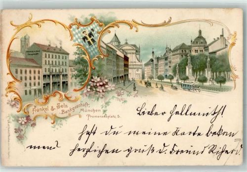 München Fränkel & Selz Bankgeschäft Promenadeplatz 5 Pferdestraßenbahn Kutsche Fahrrad Frauenkirche Blumen Münchner Kindl Blau Weiss Lithographie