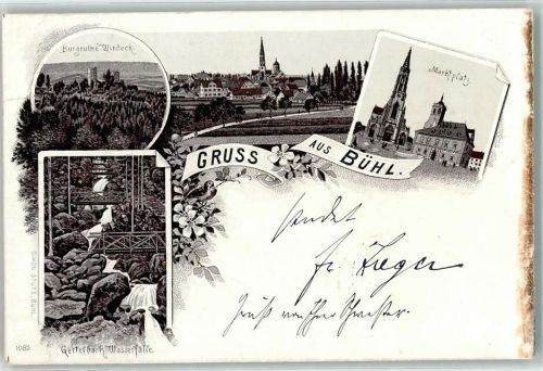 77815 W7580 Bühl , Baden 1897 Gebrauchsspuren Burgruine Windeck Marktplatz Gertelbach Wasserfälle Lithographie
