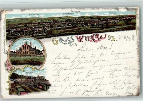 08112 O9533 Wilkau-Haßlau 1899 Gebrauchsspuren Gruss aus - Litho, Bahnhof, Badeanstalt AK