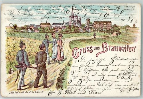 Brauweiler 1902 Nun leb wohl du stille Gasse Polizist Pickelhaube Litho