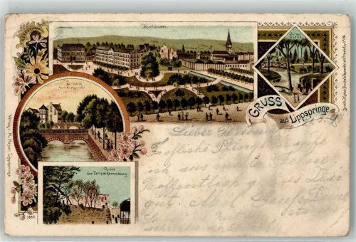 Bad Lippspringe 1899 Eingang zum Kurgarten Ruine der Tempelherrenburg Jordan Quelle Lithographie