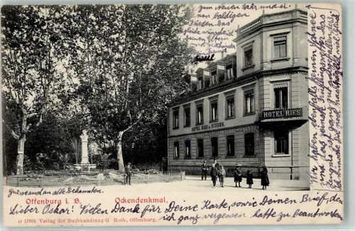 Offenburg 1915 Ockendenkmal Hotel Ries zum Ochsen