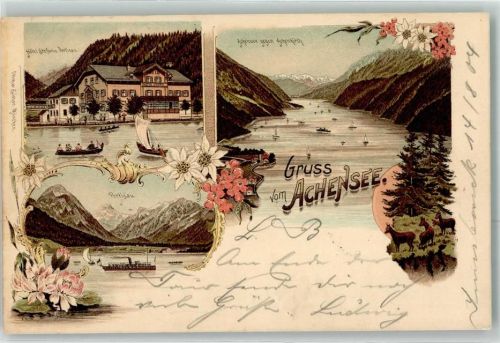 6215 Achenkirch 1903 Lithographie Achensee Pertisau Dampfer Seespitze Gams Ottmar Zieher