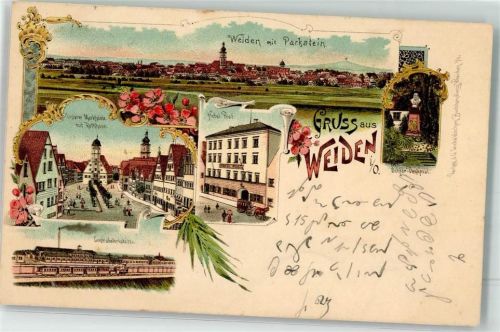 92637 W8480 Weiden , Oberpf 1899 Lithographie Unterer Marktplatz Rathaus Hotel Post Centralwerkstätte Eisenbahn Schlör Denkmal