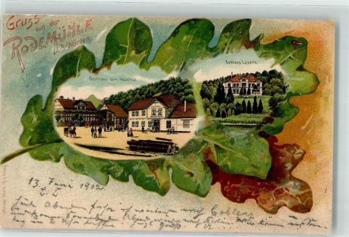 Nörten-Hardenberg 1902 Gruss von der Rodemühle Gasthaus zum Rodetal Schloss Löseck Kutsche Blatt Holz