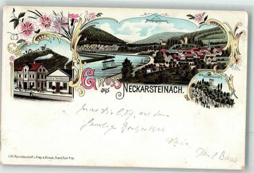 69239 W6918 Neckarsteinach 1897 Gebrauchsspuren Burg Schwalbennest Cafe Neckarschleife Lithographie
