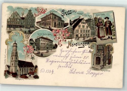 86720 W8860 Nördlingen 1898 Lithographie Hotel Zur Krone Postgebäude Gasthaus Zum Weißen Ross Rieser Tracht Kloster Maria Stern Stiftungskirche Rathaustreppe