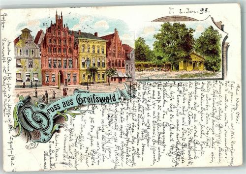 Greifswald 1898 Gruss Häuser Laterne