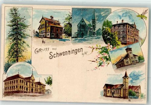 78048 W7730 Schwenningen am Neckar Lithographie Rathaus Uhrmacherfachschule Knaben-Schule Ev. Kirche