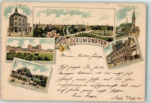 Neumünster 1897 Kaserne Kath. Kirche Schule Kaiserl. Postamt