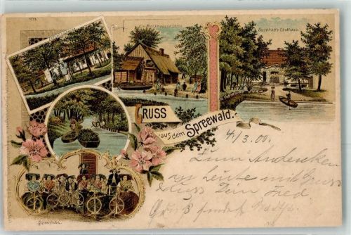 03222 O7543 Leipe 1900 Lithographie Gasthaus Pohlenzschenke Blockhaus in Leipe Buchhan`s Gasthaus Spinnstube Tracht