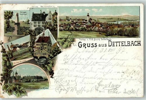 97337 W8716 Dettelbach 1897 Gebrauchsspuren Kriegerdenkmal Schloss Mainsonaheim Rathaus Actien Brauerei Wallfahrtskirche Kloster Reben Gruss Lithographie