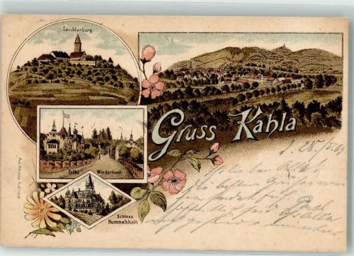 07768 O6906 Kahla , Thür 1903 Lithographie Schloß Hummelshain Gasthaus zu Fröhlichen Wiederkunft Leuchtenburg