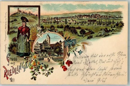 88499 W7940 Riedlingen , Württ 1897 Lithographie Bussen Tracht Kornblume