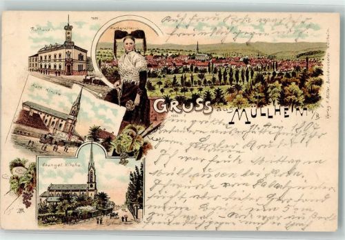 Müllheim 1897 Kath. Kirche Volkstracht Rathaus Bahnpost Frankfurt Zg.16 selten