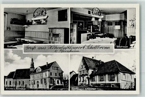 75242 W7531 Schellbronn - Gasthaus zum Schwanen Gastraum Kachelofen Kirche Rathaus