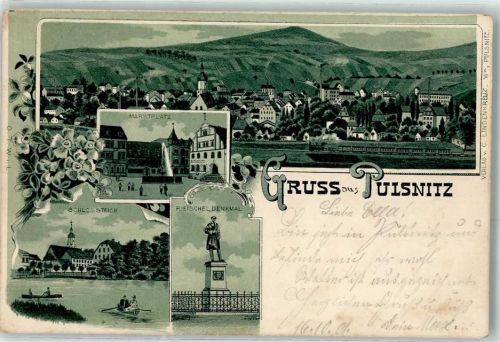 01896 O8514 Pulsnitz 1901 Lithographie Marktplatz Schlossteich Riersche Denkmal Eisenbahn