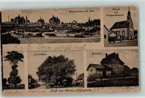 67547 W6520 Pfiffligheim - Lutherbaum Bahnhof Kirche Kriegerdenkmal Park Gruss Westendhöhe