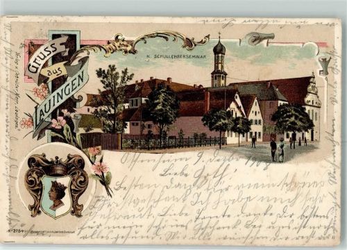 89415 W8882 Lauingen Donau 1908 Lithographie K. Schullehrerseminar Wappen