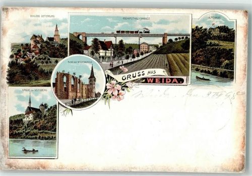 07570 O6518 Weida , Thür 1899 Gebrauchsspuren Oschütztal-Viadukt Wiedekirche-Ruine Schloß Osterburg Bahnpost Leipzig Zg. 333 Lithographie