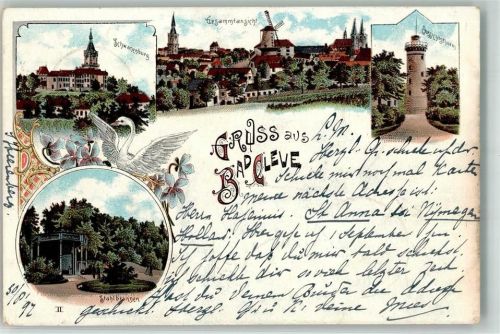47533 W4190 Kleve , Niederrhein 1897 Lithographie Aussichtsturm Schwanenburg Stahlbrunnen Windmühle Schwan