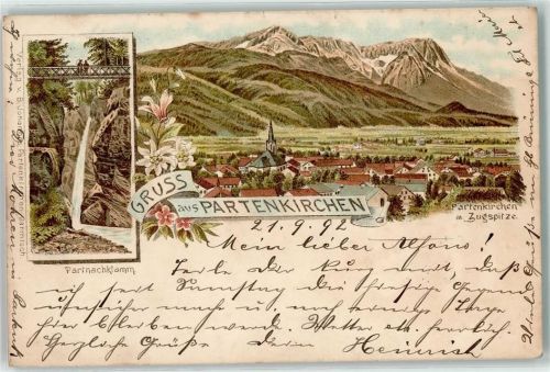 Partenkirchen 1892 Partnachklamm Zugspitze Kirche Brücke Wasserfall Gruss Blumen