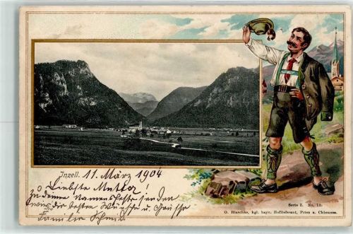 83334 W8221 Inzell 1904 Prägedruck Pfarrkirche St. Michael Wanderbursche Tracht Serie I Nr. 13