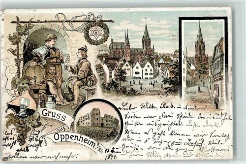 Oppenheim 1899 Bahnpost Frankfurt Mainz Strassburg Zug 42 13.6.99 Große Kirchgasse Katharinen Kirche Landkrone