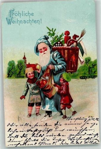 Blauer Mantel , Kinder Spielzeug Äpfel AK Weihnachtsmann 1905 Lithographie / Prägedruck