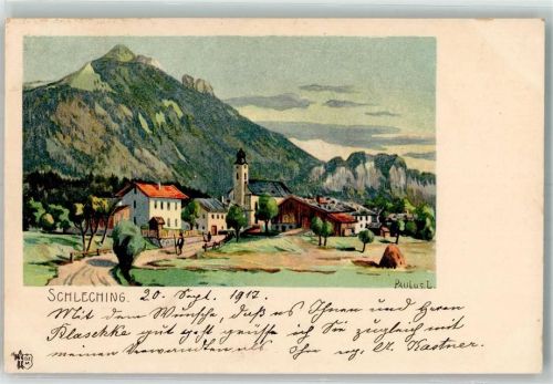 83259 W8211 Schleching 1917 Lithographie Pfarrkirche St. Remigius sign. Paulus L. Künstlerkarte