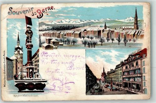 Bern Berne Käfigturm Schützenbrunnen Geschäft Warenhaus Gebr. Loeb Winterlitho 1899 Gebrauchsspuren