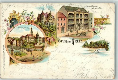 07973 O6600 Greiz Gebrauchsspuren Warenhaus Tietz Unteres Schloß Oold-Fellow-Heim Lithographie