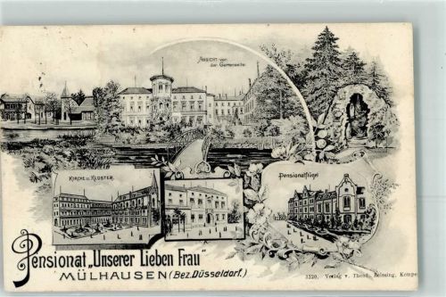 Mülhausen 1909 Bahnpost Köln Venlo Zug 11 17.8.09 Kirche Kloster Pensionat Unserer Lieben Frau Pensionatflügel