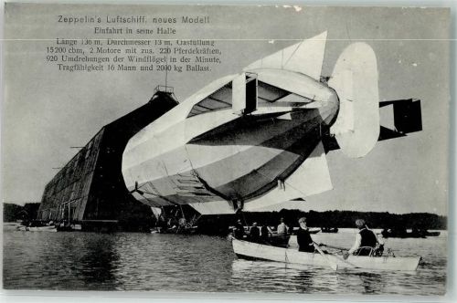 W7990 Friedrichshafen Luftschiff Neues Modell Einfahrt in Halle Ruderboote Nr 503 Zeppelin