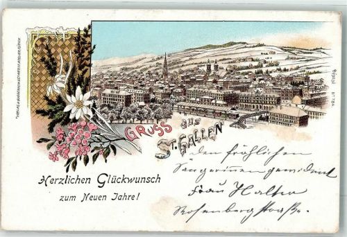 St. Gallen Gruss aus mit Glimmerauflage Bahnhof Eisenbahn Städteglückwunsch Neujahr Verlag Guggenheim